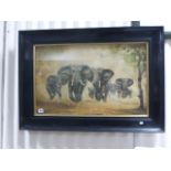 Oil on board of elephants signed David Shepard