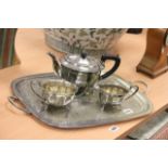 Silver Plated Three Piece Tea Service together with a Silver Plated Twin Handled Serving Tray