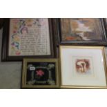 Assorted pictures early 20th C oil on board, Japanese ltd edn print  and two textile framed pieces