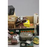 Mixed Lot including Cameras, Silver Plate Trinket Box, Coins, Travel Clock, etc