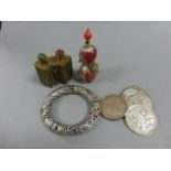 Two Oriental Snuff Bottles, Bangle and Four Replica Chinese Coins plus Churchill Crown