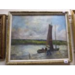 Early 20th C oil on canvas depicting boat being loaded on wharf dated 1921 56x46cm