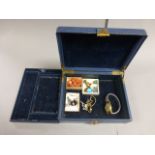 Blue Jewellery Box with Various Costume Jewellery including Coral Necklace, Silver and Tiger Stone