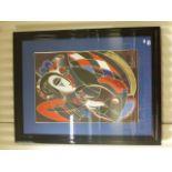 Large studio framed mixed method abstract portrait of a masquerade figure - signed
