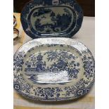 19th century Willow Patterned Meat Plate stamped Swansea to base plus a Larger Blue and White Meat