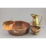 Copper Two Handled Pan, Small Copper Bowl, Small Copper Scuttle and a Brass Jug