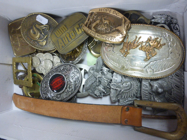 Collection of Belt Buckles including Twelve U.S.A Buckles, Comstock American Cowboy Belt Buckle