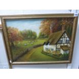 Gilt Framed Oil on Board of a Cottage by Sheep in a Field