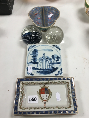 Four Delft Style Tiles, Two Paperweights and Two Oriental Dishes