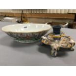 Chinese Oval Bowl decorated in Famille Rose Colours with Chinese Figures plus an Maiolica Candle