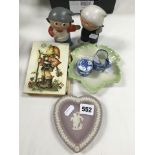 Two Plastic Hummel Dolls together with Two Wooden Hummel Plaques, Wedgwood Pink Jasperware Pin Tray,