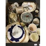 Tray of Mixed Ceramics including Coronation and Commemorative Mugs, Toby Jug, Biscuit Barrel,