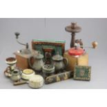 Mixed lot comprising Two Coffee Grinders, Two Peruvian Metal boxes, Silver Plate, Torquayware,