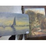 Two Unframed Oils on Canvas - Men crossing bridge signed J W Pigg and Boats on Moonlight