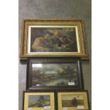 Small Oak Framed Oil Painting of River Landscape, Two Small Dutch Scene Pictures and a Gilt Framed