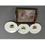 Small Rennie Mackintosh Style Tray and Three Royal Worcester Plates decorated with Birds