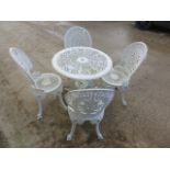 White Iron Circular Garden Table and Four Matching Chairs