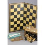 Wooden chess set, draughts set, Tunbridge ware stamp box, two small carved boxes and bone glove