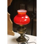 Brass Oil Lamp with Red Glass Shade