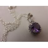 Silver CZ pear and Amethyst pendant necklace