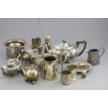 Collection of Silver Plated Items including Tea Service, Sugar Shaker, Tankards, etc