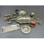 Group of Silver Plate including Three Piece Tea Service, Pair Salt Cellars, Swing Handled Dish,