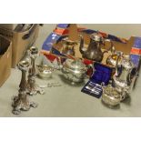 Pair of Plate on Copper Rococo Style Candlesticks, Silver Plated Four Piece Tea Service, Silver