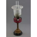 Victorian Oil Lamp with Etched Clear Glass Shade, Cranberry Glass Well and Gilt Metal Stand