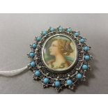 Miniature Portrait of a Young Girl set in an 800 grade Silver Filigree Frame with turquoise