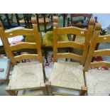 Set of Four Pine Ladder Back Chairs with String Seats