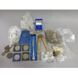 Bag of Mixed Coins, Sterling Silver Handled Knife, Pair Spectacles and a Wooden Folding Rule