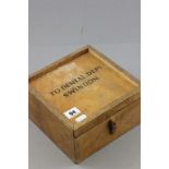 Vintage Wooden Box with sliding lid marked ' To Dental Dept. Swindon ' and six milk glass jars