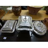 Three Silver Plated Serving Tureens, one with burner on stand