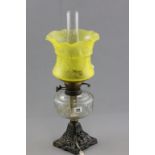 Victorian Oil Lamp with etched yellow glass shade, clear glass well and Cast Iron Stand