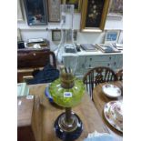 Victorian Oil Lamp with Green Glass Well and Column Support