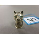 Silver cat pincushion with emerald eyes