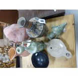 Selection of decorative items including rose quartz lamp