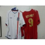 Football Collectables - 2 x XL and 1 x L England shirts plus an England scarf. One of the shirts has