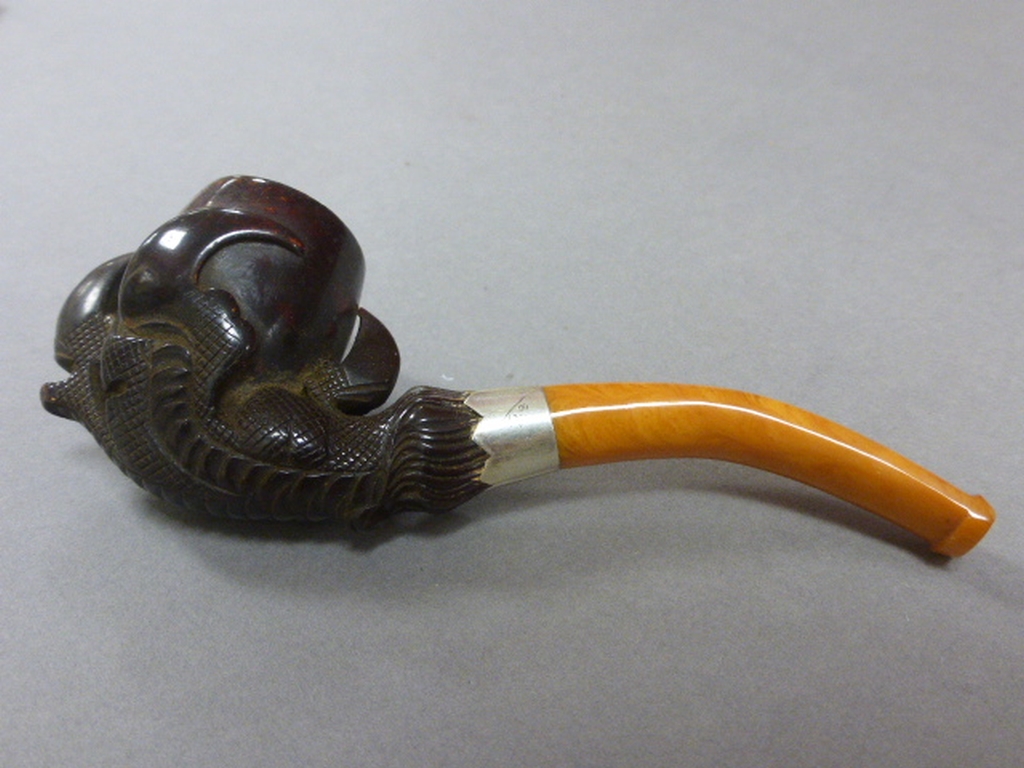Cased Meerschaum Pipe with carved claw bowl, amber mouth piece and silver collar - Image 2 of 4