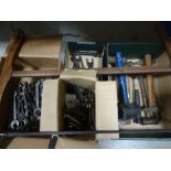 Group of Vintage Spanners, 9 Vintage Spanners and Mallets, Box of Woodworking Plane Parts and a Hand