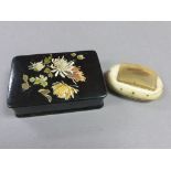 19th century Black Lacquered Papier Mache Box with Floral Decoration together with 19th century Horn