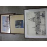 Watercolour of a Church Ruin signed Jean Caron 26, Coloured Etching of Venice signed in pencil to