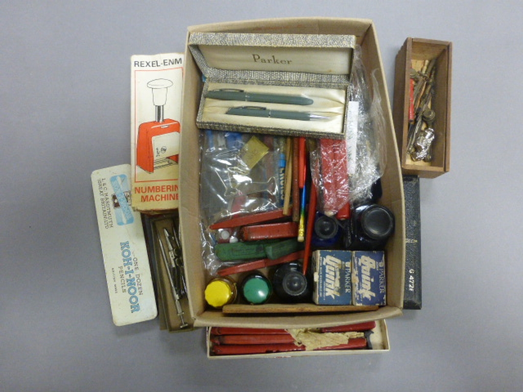 Box of vintage artist materials including pencils, ink etc