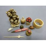 Bone Pin Cushion in the form of a Basket, Ivory Napkin Ring, Nut Propelling Pencil, Pen, Resin