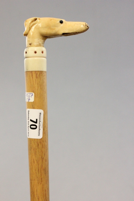 An antique walking stick with carved ivory greyhound handle