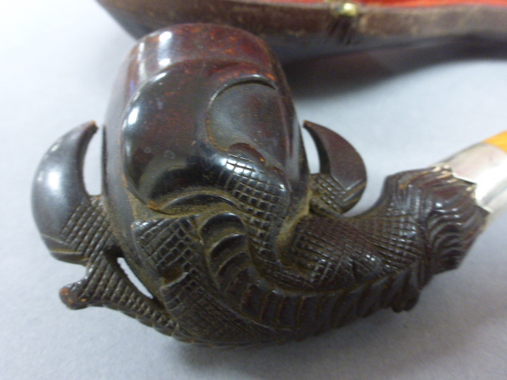 Cased Meerschaum Pipe with carved claw bowl, amber mouth piece and silver collar - Image 3 of 4