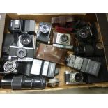 Collection of various cameras including vintage and modern featuring Purma, Paxette, Olympus Trip