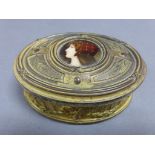 Late 19th / Early 20th century Gilt Metal Oval Box, the hinged lid set with an Enamelled Portrait of