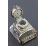 Early 20th century Cut Glass Square Desk Inkwell, Clock and Calendar with Hinged Silver Lid,
