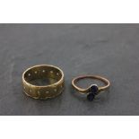 9ct Gold Wedding Band set with Diamond Chips plus 9ct Gold Ring set with two sapphires